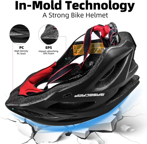 Miniatura 6 de Basecamp Casco de bicicleta para mujeres y hombres con luz LED de seguridad extraíble, visera solar, casco de bicicleta ligero, ajustable, Negro