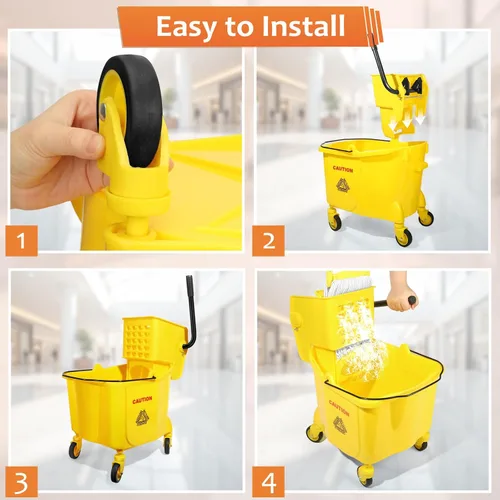 Miniatura 7 de Cubo comercial de 38 cuartos de galón con escurridor de prensa lateral sobre ruedas, juego industrial amarillo para limpieza de pisos, incluye 1
