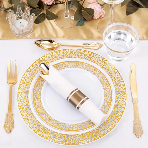 Miniatura 8 de DaYammi 210 platos de plástico dorados, juegos de vajilla de plástico dorado, incluye: 30 platos llanos, 30 platos de ensalada, 30 servilletas Y oro.