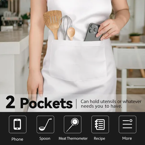 Miniatura 3 de NLUS Paquete de 2 delantales blancos con 2 bolsillos para mujeres y hombres, delantales de cocina con bolsillos, delantales de chef para hornear