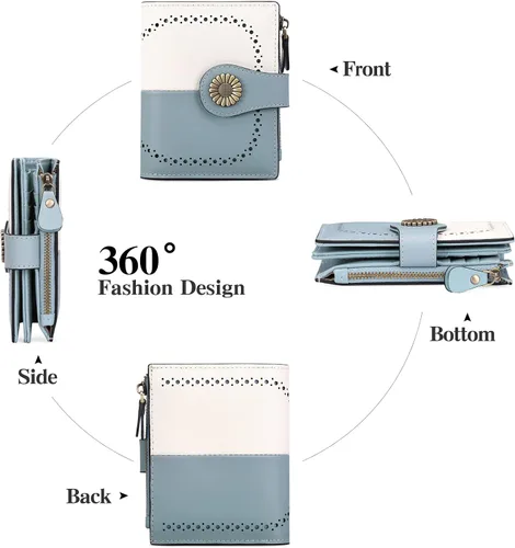 Miniatura 5 de SENDEFN Cartera pequeña de cuero plegable para mujer, con bloqueo RFID y bolsillo para monedas con cremallera, 5-Azul y blanco, Cartera pequeña