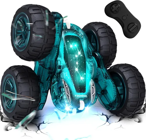 Miniatura 12 de Tecnock - Auto a control remoto para niños, autos RC de 2.4GHz con carga fácil USB-C, 4WD doble cara que gira 360° y voltea, auto de acrobacias RC