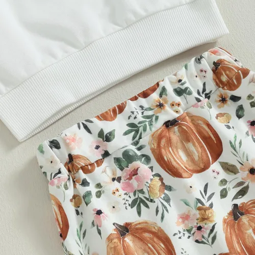 Miniatura 6 de Ropa de invierno para bebé niña, sudadera de cuello redondo con diseño de calabaza, pantalones deportivos de flores, diadema para niños pequeños