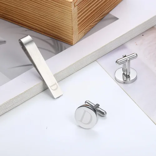 Miniatura 6 de LOYALLOOK - Gemelos de acero inoxidable grabados con inicial y clip de corbata, diseño de letras del alfabeto con caja de regalo, A-Z