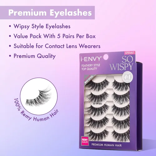 Miniatura 2 de i-ENVY - 5 pares de pestañas postizas tan Wispy, cabello 100% humano de alta calidad, pestañas esponjosas con volumen y rizo, aspecto natural