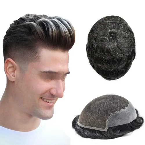 Miniatura 50 de Mens Toupee Natural Hairline Swiss Lace Toupee Remy Human Hair Piece For Men Bleached Knots Mens Hair Replacement System Toupee 6X8#1 Jet Black 100%