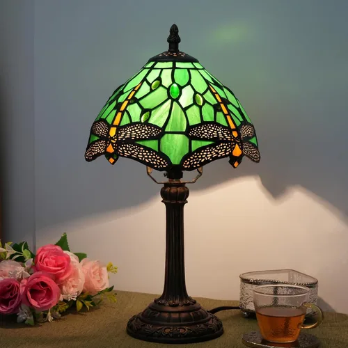 Miniatura 7 de Lámpara Tiffany de Libélula Verde de Vidrio Emplomado, Lámpara de Mesa 8x8x14 Pulgadas, Estilo Libélula Verde, Luz de Lectura para Escritorio