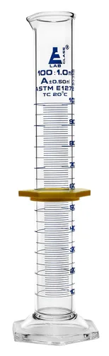 Miniatura 16 de Cilindro graduado, 50 mL - ASTM, tolerancia clase A ± 0.0 fl oz - Collar protector, base hexagonal - Graduaciones azules - Vidrio de borosilicato
