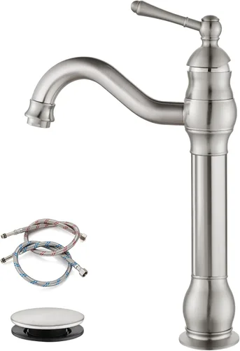 gotonovo Grifo de lavabo giratorio de 360°, grifo de baño alto de una sola manija, 1 agujero, grifo mezclador de lavabo de granja, mangueras de