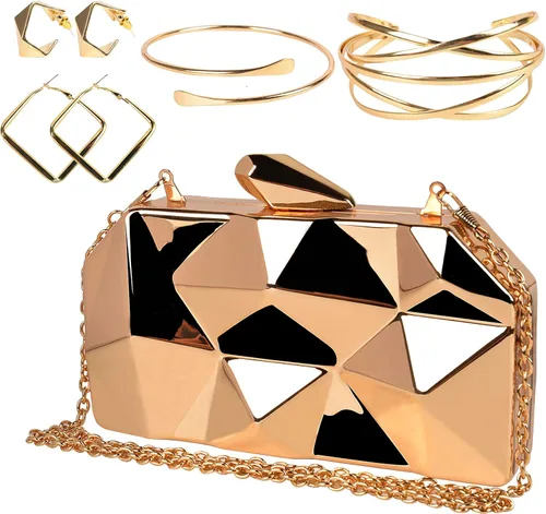 QZUnique Bolso de mano de metal de celosía, bolso de noche geométrico abstracto con cadena de corte de piedra para mujer
