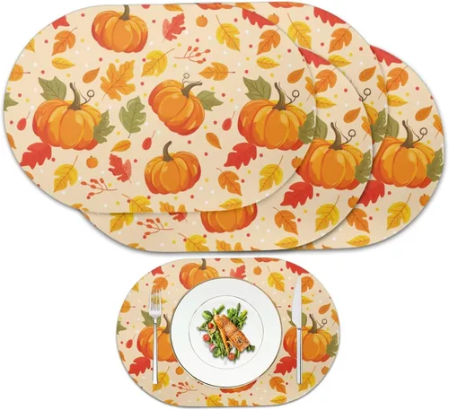 Miniatura 50 de Non Slip Placemats Set of 6 Pumpkin Mushroom Theme Waterproof Wipeable Faux Leather for Thanksgiving Family Feast Heat Resistant Dining Table Mats