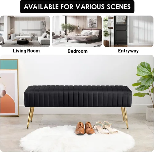 Miniatura 7 de Furniliving Banco de 44 Pulgadas para Dormitorio, Bancos Otomanos Tapizados con Tela Rayada y Tufting con Patas de Metal en Forma de X para Sala