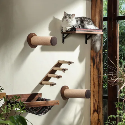 Miniatura 7 de FUKUMARU Muebles de pared para gatos, estantes de gatos de 11.8 pulgadas para paneles de yeso, escaleras de madera de nogal para gatitos para montar