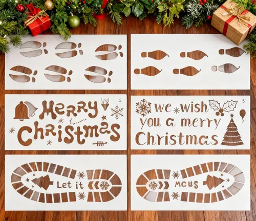 EXCEART 6 hojas de plantillas de huellas de Papá Noel de Navidad, plantillas de pintura huecas para piso, madera, ventana, pared
