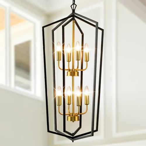 Miniatura 17 de WJShome 46 cm de diámetro Candelabro negro y dorado, lámpara de comedor estilo granja de 4 luces, lámparas modernas de vestíbulo, lámpara colgante