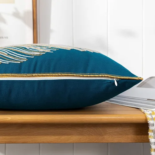Miniatura 7 de Fundas de almohada de algodón y lino con plumas de pavo real bordadas, funda de almohada personalizada con cremallera (plumas, 12 x 20 pulgadas)