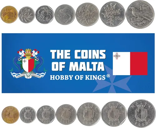 7 Coins de Malta | Colección de Monedas Maltesas 1 2 5 10 25 50 Cents 1 Lira | Circulado 1991-2007 | Blue Rock Thrush | Mahi Mahi | Weasel |