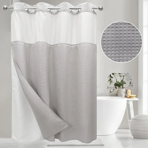 Miniatura 11 de VIUOON Cortina de ducha sin gancho de tejido de sarga con juego de forro de tela a presión, estilo hotelero con ventana superior transparente, tela
