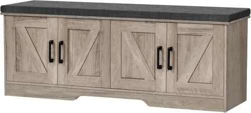 Miniatura 20 de HOMSHO Banca de almacenamiento de 2 niveles, banca para zapatos de 70 cm de ancho con cojín de asiento acolchado, banca de entrada con 2 puertas