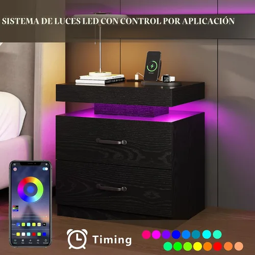 Miniatura 4 de Mesita de noche negra con estación de carga, moderna mesita de noche con luces LED, mesa auxiliar con 2 cajones para dormitorio, sala de estar