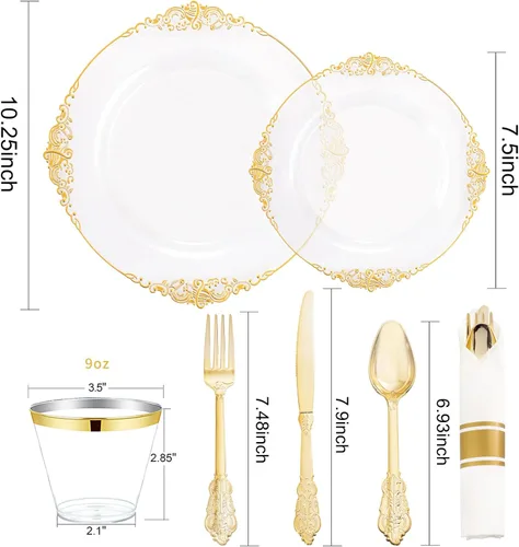 Miniatura 7 de Nervure 175 platos de plástico dorado transparente, platos desechables dorados para fiestas y servilletas preenrolladas con cubiertos para 25 Claro