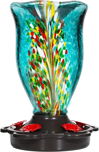 LUJII Comederos para colibríes para exteriores con protector de hormigas, comedero de colibríes de vidrio soplado para colgar en el exterior, 25