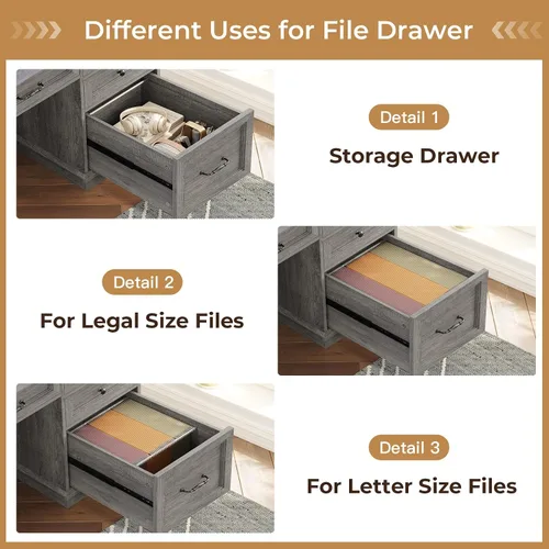 Miniatura 3 de BTHFST Escritorio ejecutivo estilo granja con cajón para archivos, escritorio para computadora con estación de carga y luces LED, escritorio de Gris