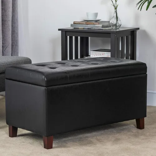 Miniatura 6 de Adeco Otomana de almacenamiento, banco tapizado rectangular de piel sintética con patas de madera, reposapiés, mesa de café para sala de estar, Negro