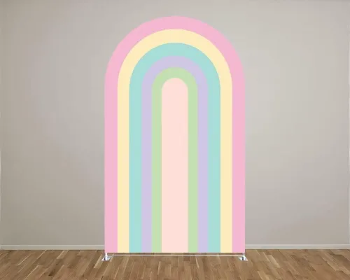 Miniatura 2 de Fundas de telón de fondo de tela con arco iris para fiestas Groovy Party Boho Pastel Rainbows, fundas elásticas para soporte de arco de cumpleaños