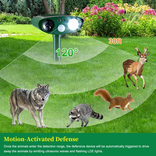 Miniatura 2 de Paquete de 4 repelentes solares de animales para mapaches, ciervos y ardillas, luz ultrasónica y estroboscópica, disuasorio al aire libre