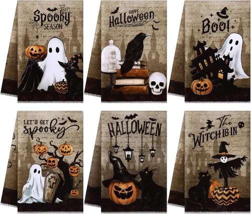Miniatura 15 de Ganeen Juego de 6 toallas de mano de Acción de Gracias con texto en inglés «Hello Fall» en blanco y negro, vintage, calabaza, camión, motero