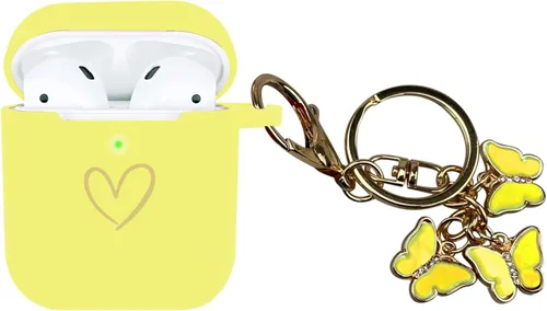 Miniatura 10 de Funda compatible con AirPods, funda de silicona suave con patrón de corazón dorado para AirPods de 2 y 1 generación con bonito llavero de mariposa