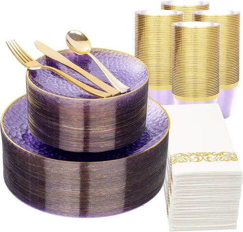 Miniatura 18 de DaYammi Juego de vajilla de plástico dorado transparente de 175 piezas, platos de plástico desechables martillados desechables para fiestas