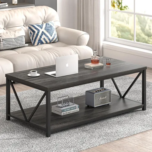 Miniatura 13 de FOLUBAN Mesa de centro con almacenamiento, mesas centrales pequeñas modernas para espacios pequeños, mesa de cóctel de madera rústica y metal
