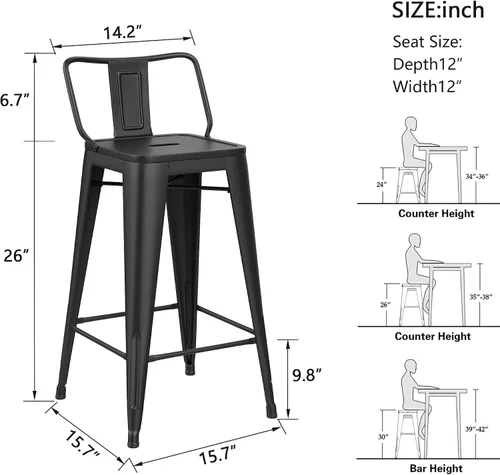 Miniatura 2 de Juego de 4 taburetes de bar de metal de 26 pulgadas, modernos taburetes de altura de mostrador con respaldo, sillas de bar industriales con respaldo