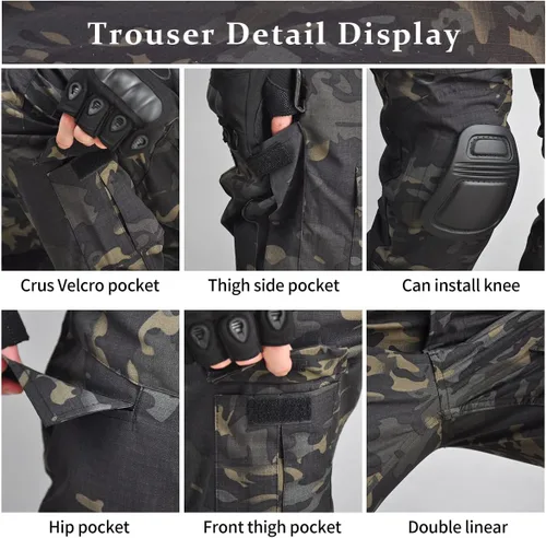Miniatura 4 de HAN·WILD Traje táctico de uniforme militar para hombre, camisas y pantalones de combate Airsoft Paintball Ropa con rodilleras