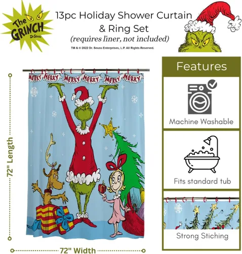 Miniatura 2 de Dr. Seuss The Grinch Holiday - Juego de cortinas de ducha de 13 piezas, cortina de tela de 72 x 72 pulgadas con ganchos, decoración de baño, lavable