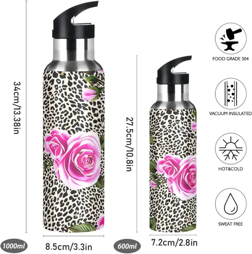 Miniatura 2 de Pink Roses Leopard Print Stainless Steel Vacuum Insulated Water Bottle 20 Oz Leakproof Water Bottles, BPA-Free Sport Water Bottle Insulated
