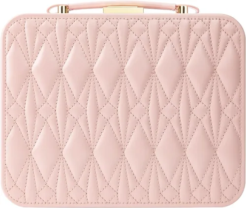 Organizador de viaje grande para joyas, joyero de viaje grande con bandeja de joyería extraíble, cajas de joyería de 2 capas para mujer, rosa