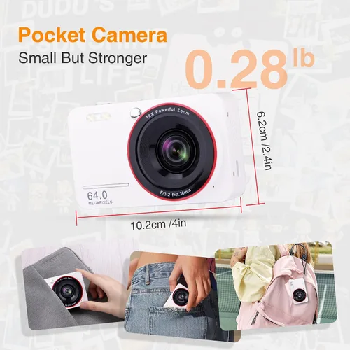 Miniatura 5 de Cámara digital 4K para niños de 7 a 12 años, cámara digital de 64MP de punto y disparo para vlogging con tarjeta SD de 32GB, cámara compacta