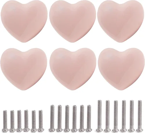 Miniatura 16 de Pomos de cerámica para cajones en forma de corazón, tiradores de armario con tornillos de 3 tamaños, pomos para muebles de cocina para armario, Rosa