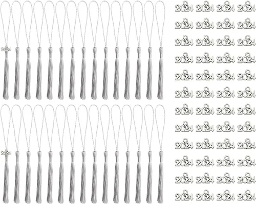 Miniatura 10 de Tupalizy 30 mini borlas sedosas hechas a mano con 60 dijes del año 2024 para graduación, llavero, aretes, joyería, regalos de boda, recuerdos