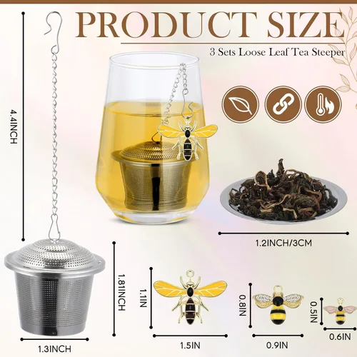 Miniatura 2 de FoldTier 3 juegos de infusores de té sueltos, coladores de hojas de acero inoxidable con bandejas de goteo y colgante de abeja de miel, malla fina