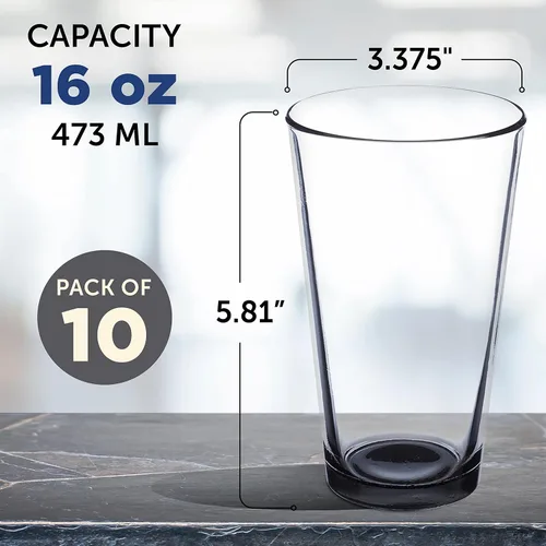 Miniatura 5 de DISCOUNT PROMOS Juego de 10 vasos de cerveza de 16 onzas, paquete a granel, cristalería resistente para restaurantes, base gruesa y paredes, En