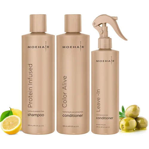 MOEHAIR Paquete de trío: champú con infusión de proteínas + acondicionador Color Alive y acondicionador sin enjuague (12 onzas líquidas cada uno),