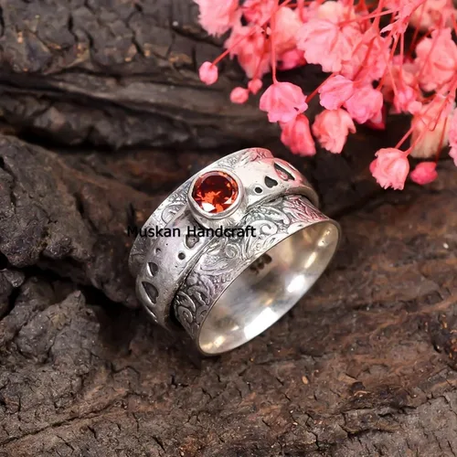 Miniatura 2 de Garnet Spinner Ring/Pure 925 Sterling Silver Spinning Ring/January Birthstone Ring/Meditation Fidget Ring/Love Heart Leaf Floral Handmade Spin