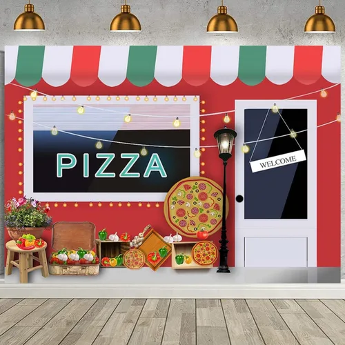 Miniatura 2 de Fondo de fotografía de pizzería 1er cumpleaños, decoración de fiesta de pizza, telón de fondo para niñas y niños, tema de cocina, fondo de fiesta