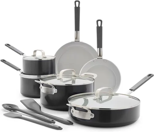 GreenPan x Bobby Flay - Juego de ollas y sartenes antiadherentes de 13 piezas, cerámica de diamante sin PFAS, apto para inducción, fácil de limpiar,