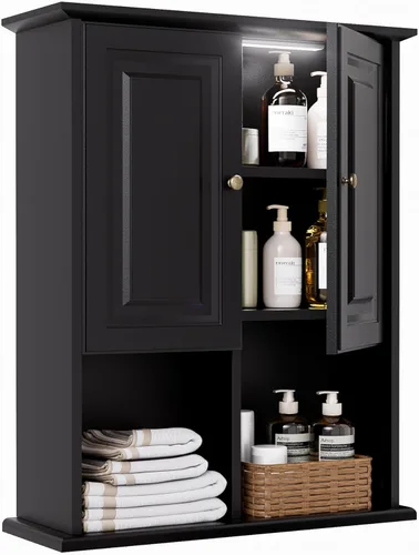 HAIOOU Armario de Pared para Baño con Luz LED con Sensor de Movimiento, Gabinete de Medicina de Madera Montado en Pared, Gabinete de Almacenamiento