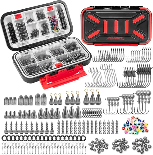 MadBite by KastKing 182/265/400pcs Compact Fishing Tackle Kit - All-in-One Freshwater Hooks, Weights, Bobbers in Tackle Box, Fishing Gear Set for